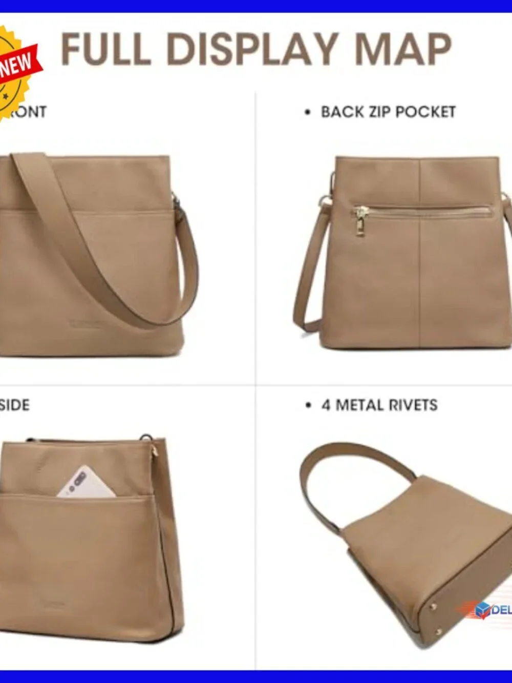 Leather Tote Crossbody Bucket Bag with 2 Detachable Straps, Fits Tablet